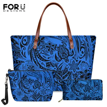 

FORUDESIGNS Vintage Women 3set Handbag Samoa Polynesian Hibiscus Turtle Design Ladies Large Shoulder Bag Luxury Long PU Purse