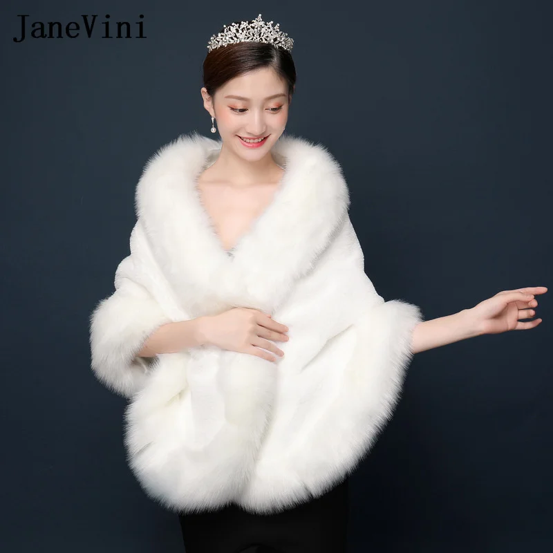 JaneVini Elegant Women Wedding Fur Capes Wraps White Shrug Red Bridal Formal Party Shawl Boleros Winter Faux Fur Stoles Jackets