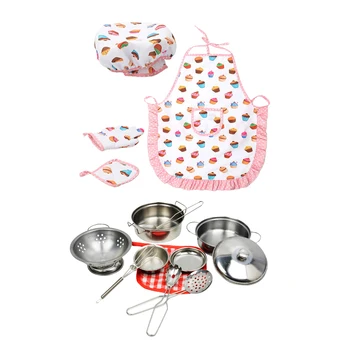 

Stainless Stain Preschool Kids Kitchen Cooking Cookware With Chef Suit Toys