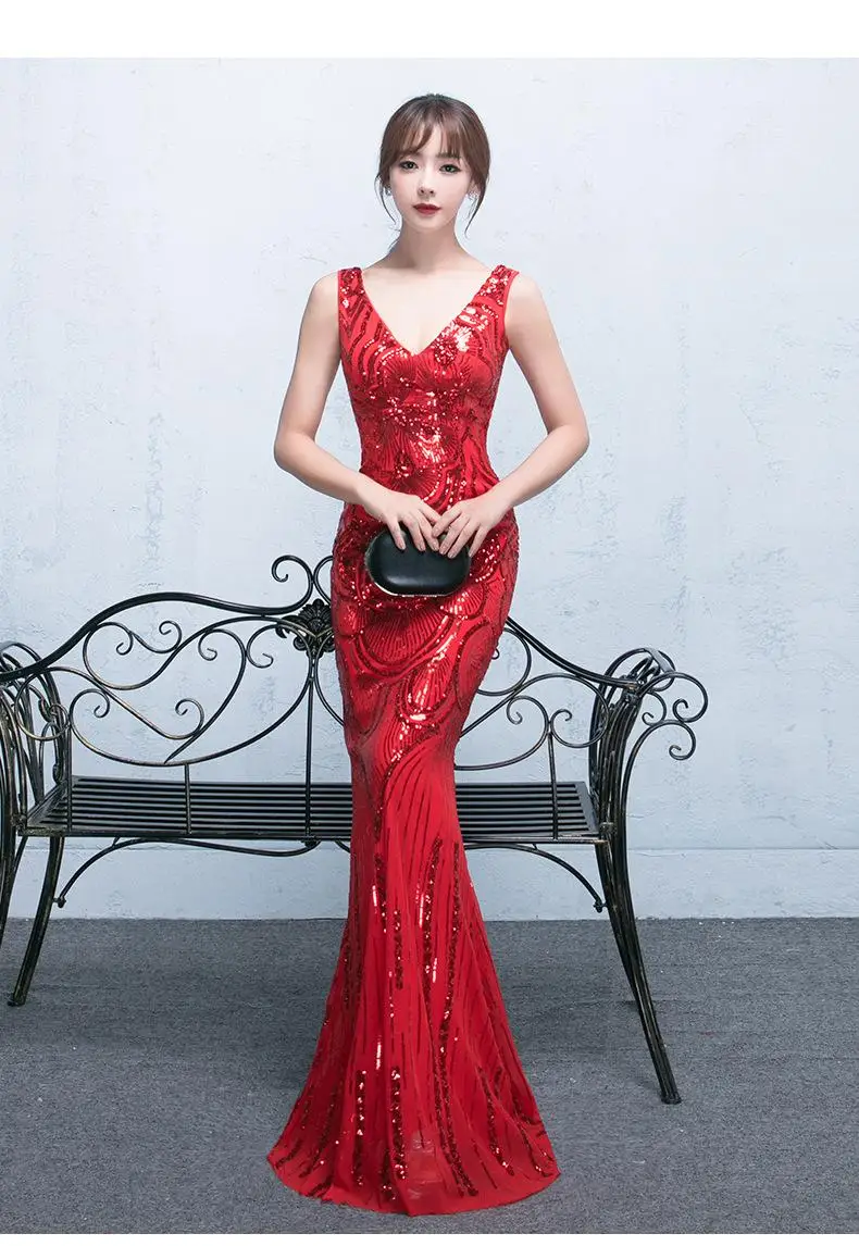 Bride Sequined Sexy Long Evening Dress Red Mermaid Cheongsam Traditional Chinese Oriental Dresses Robe Orientale Wedding Cothes (10)