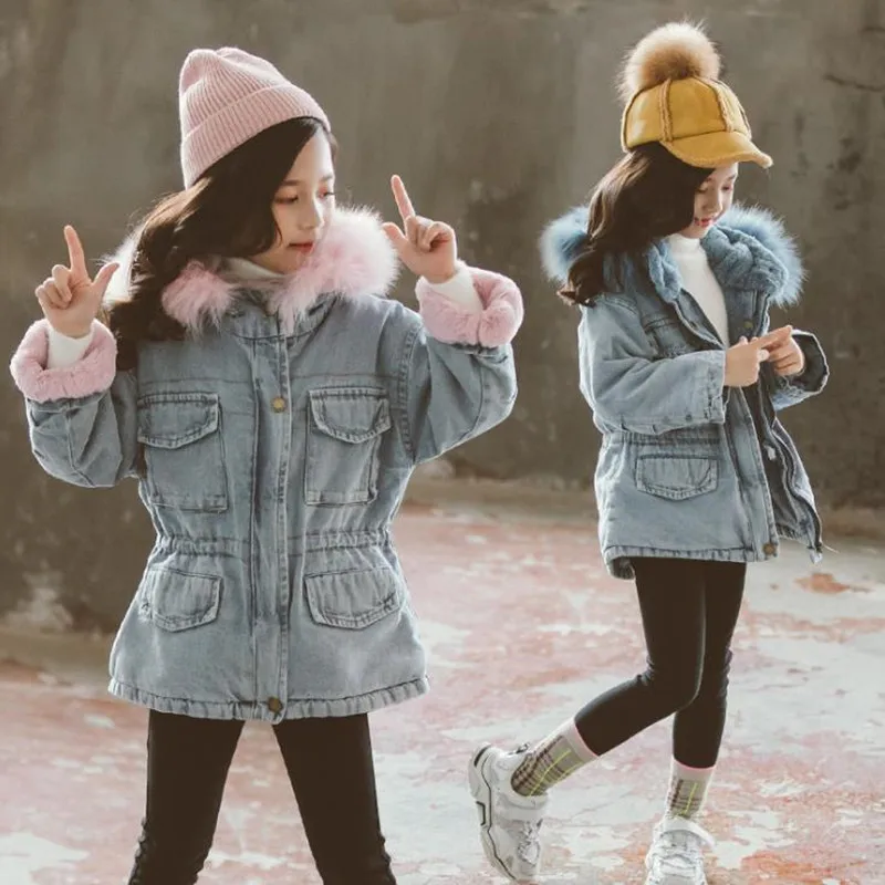 

DFXD Teenage Denim Jacket Plus Velvet Children Winter Warm Outerwear Fashion Outfits Thick Coats Kids Clothes Hooded 3-12Years