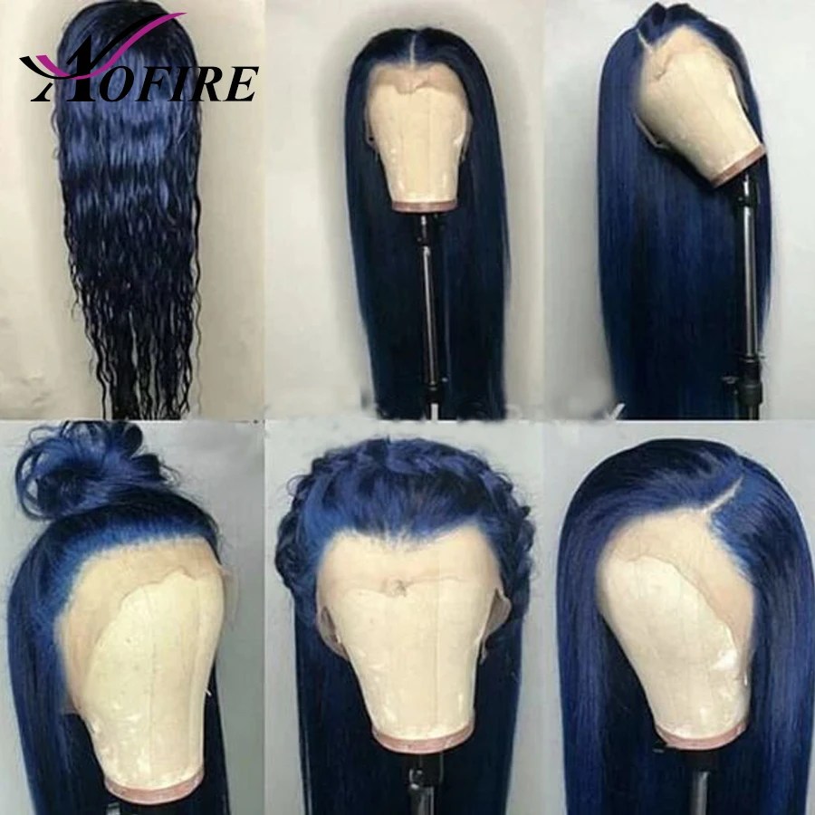 Парики из натуральных волос на кружевной основе синего цвета, бразильские прямые волосы Remy, часть для черных женщин, предварительно выщипанные 130% плотность Aofire