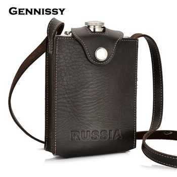 

GENNISSY Russian Letter Pattern 9 OZ Stainless Steel Flagon Removable Brown Holster Buckle Hip Flask Men Portable Whiskey Flasks