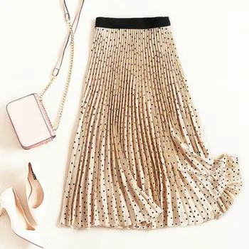 

Vintage Polka Dot Summer Skirts High Waist Casual Women Office Party Skirts Black Beige A Line Elastic Waist Pleated Midi Skirts