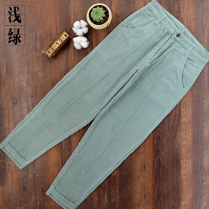 light green Spring and Autumn High Quality Corduroy Fashion Pants Nine Pants Harlan Loose Pants Casual Vintage Student Striped Pants - Цвет: light green