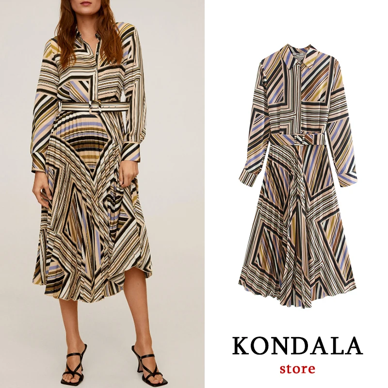 

Vintage vestido pleated high waist with sash dress elegant long dress women za 2020 ropa mujer turn down collar silk robe femme