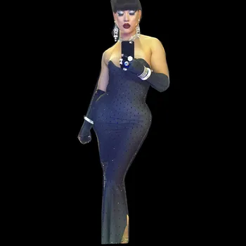

Vintage Sleeveless Bodycon Cheongsam Women Rhinestone Party Long Dress Nightclub Jazz Singer Dress Sexy Banquet Crystal Dress