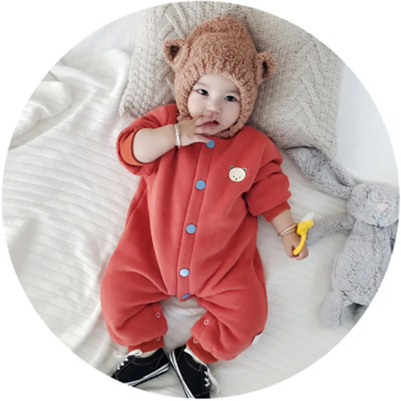 Коллекция года, зимний костюм для новорожденных Ползунки для малыша, бархатные утепленные детские зимние ползунки с милым медведем