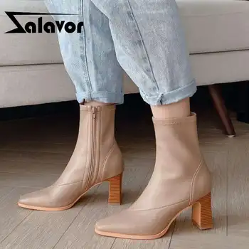 

ZALAVOR Woman Short Boots Fashion Leather High Heel Winter Shoes Women Zipper Square Toe Office Lady Casual Footwear Size 33-40