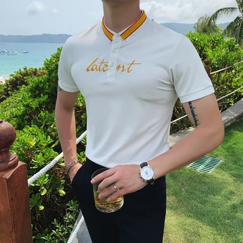 

Black/White Men Polo Shirt Summer 2020 Short Sleeve Mens Casual Polos Slim Fit Letter Embroidery Streetwear Fashion Polo Homme