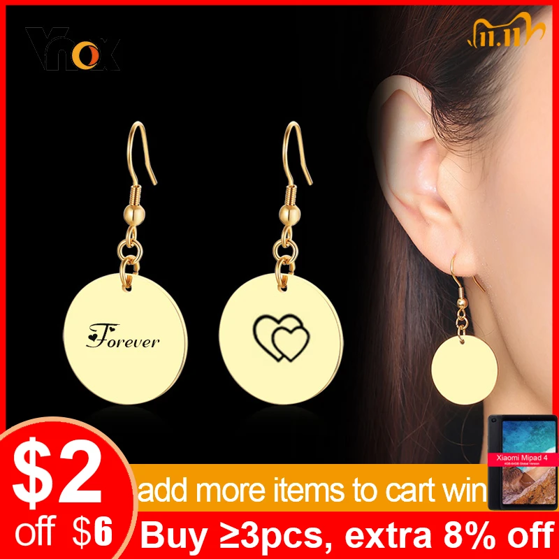 

Vnox Women's Simple Round Dangle Earrings with Custom Engrave Service Stainless Steel Ear Party Gifts for Her