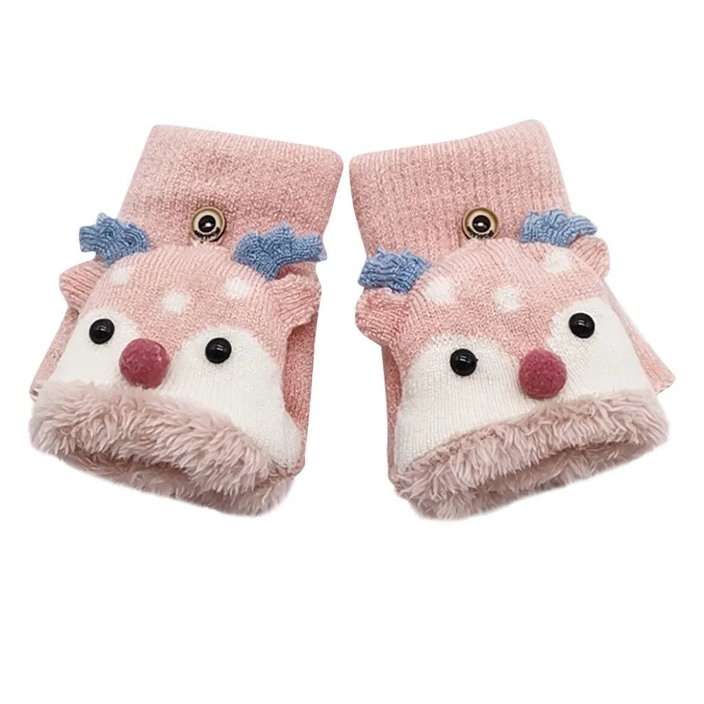 Christmas Festival Mitten Gloves Children Kids Winter Christmas Half Finger Antler Convertible Flip Top Gloves перчатки женские - Color: Pink