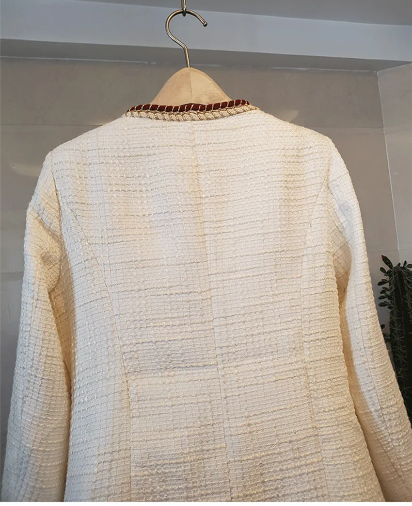 Осень Зима Новая классическая твидовая белая куртка пальто роскошная женская пуговица с жемчугом шерстяное плетение элегантная верхняя одежда с v-образным вырезом