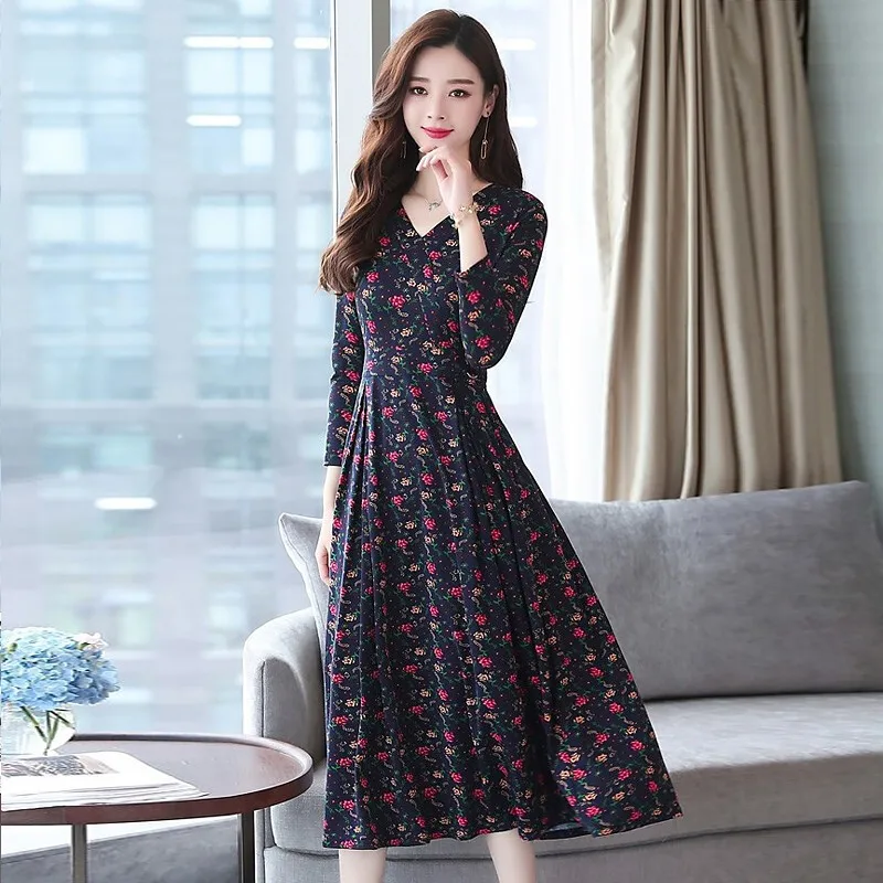 

2019 Autumn Clothing New Style WOMEN'S Dress Korean-style Waist Hugging Slimming Printed Dress Elegant Ladies' Long Sleeve Flora