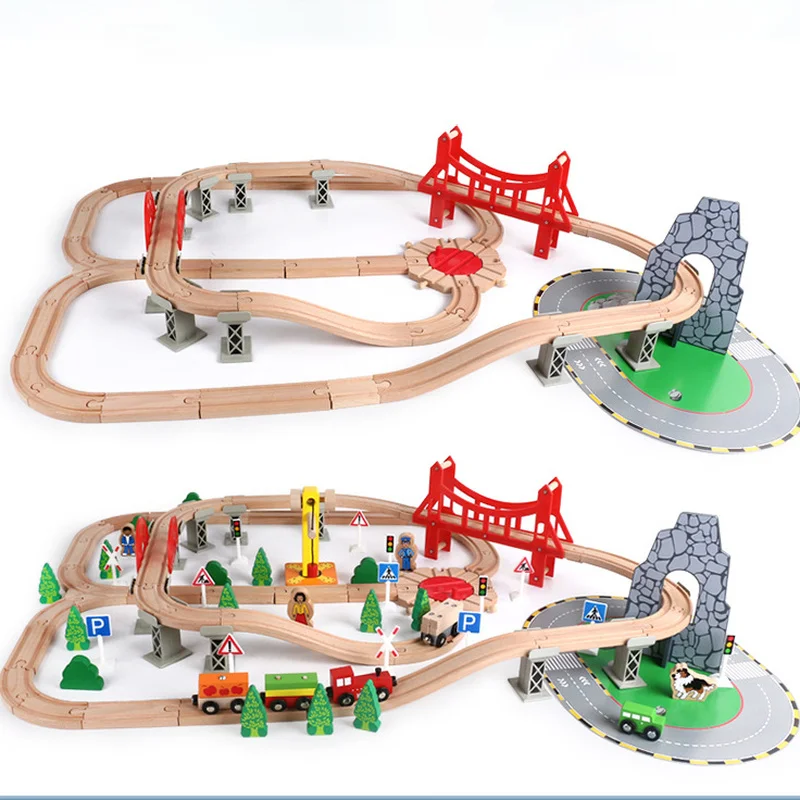 

Montessori 100 Piece Elm Rail Traffic Scene Small Train Set Wooden Track Children's Puzzle Diy Assembled Building Blocks Toys