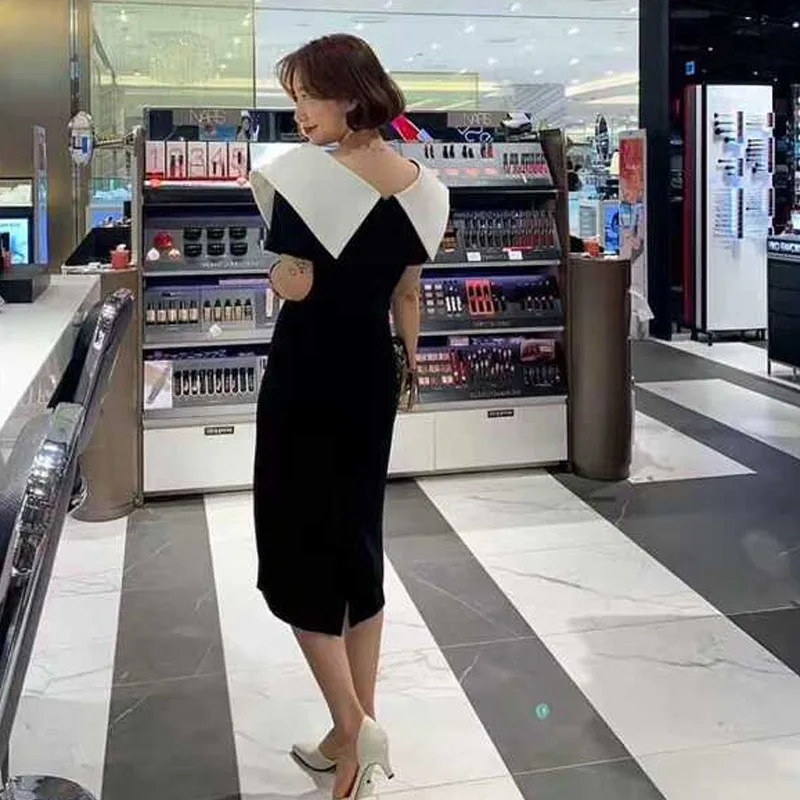 2020 Summer Women Elegant Office Dress Korean Party Black And White Big Turn-Down Collar Midi Dress Vestido Festa