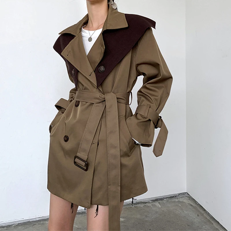 FORYUNSHES Women Short Trench Coat 2020 Femme Double Breasted Casual Slim Belt Knitted Shawl Vintage Chic Windbreaker Outwear