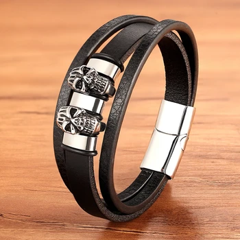 

Special Accessories Skull Combination Stainless Steel Leather Men's Bracelet Hand-woven Magnet Clasp Golden Steel Color Men Gift