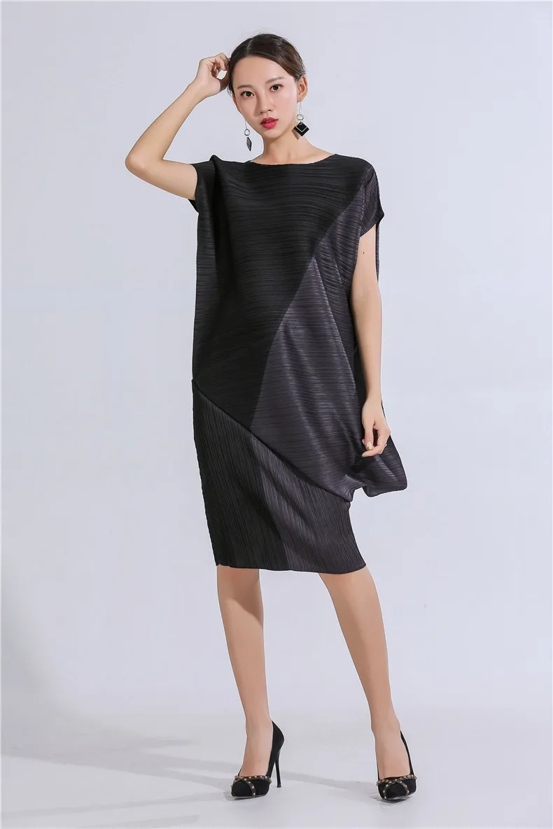 Новое платье Miyake fold, дизайн, несимметричный цвет, большие размеры, свободное платье, плиссированные платья