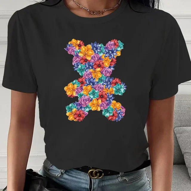 Fashion Bear Print Women T-Shirt Harajuku Round Neck Casual Loose Short Sleeve Summer Slim Soft Tops Clothing Hip Hop Streetwear 3bear014