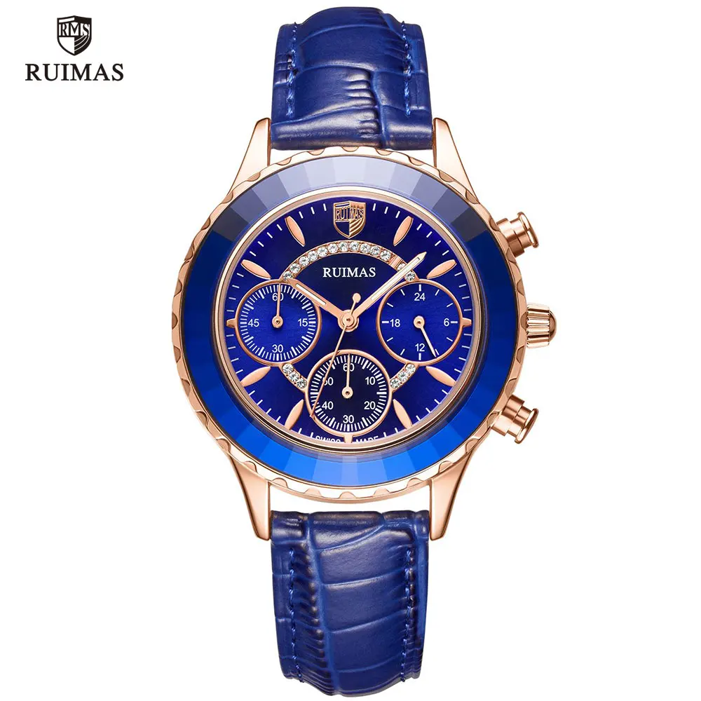 RL592L-Blue RUIMAS Разноцветные часы для женщин Роскошные фиолетовые кожаные кварцевые часы Дамская мода хронограф наручные часы Relogio Feminino часы 592 - Цвет: RL592L-Blue