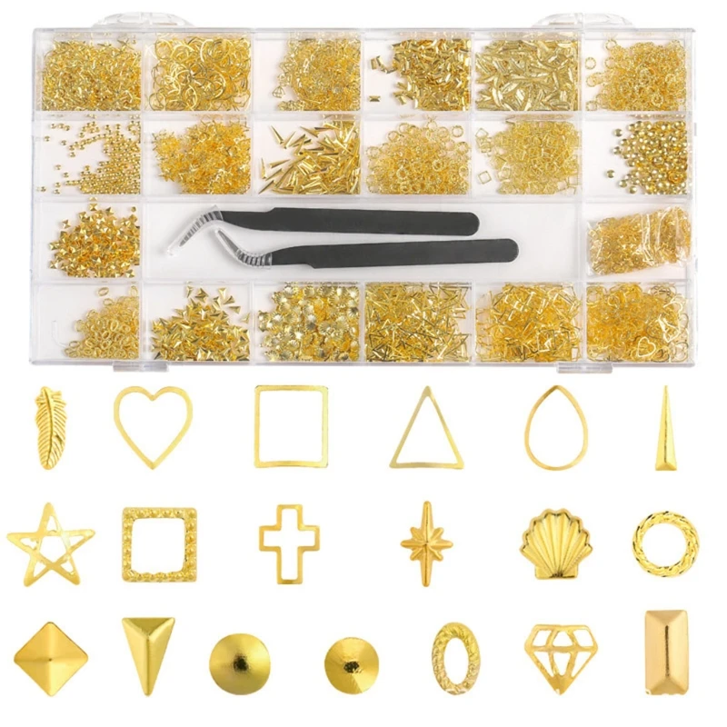 

Gold Hallow 3D Nail Art Decorations Metal Frame Nail Sequin Nail Studs Shiny Charm with Tweezers Manicure Accessories Studs