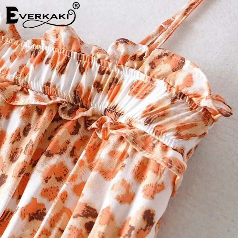 Everkaki Boho Короткое женское платье-комбинация с цветочным принтом и оборками, летние женские платья, винтажные Мини платья для женщин, новинка, весна