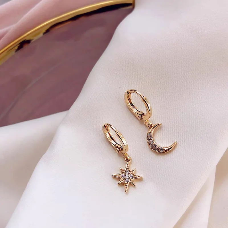VENTFILLE 925 Sterling Silver CZ Star Moon Asymmetric Hoop Earrings for Women Girls Gold Silver Color Party Jewelry Gifts - Image 2