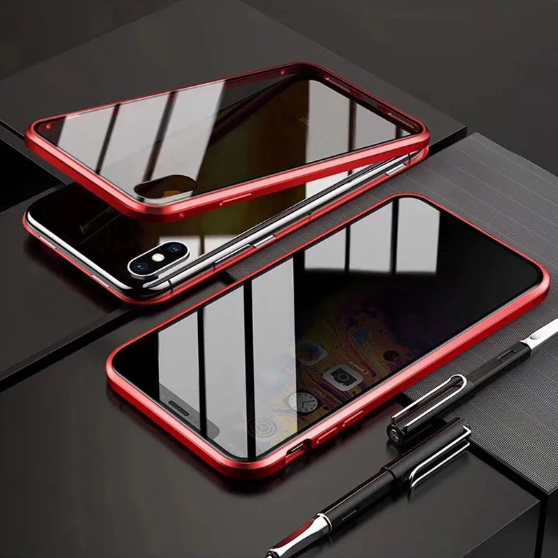 Конфиденциальное металлическое магнитное закаленное стекло футляр для телефона 360 магнит антишпионский защитный чехол для Samsung Galaxy S8 S9 S10 PLUS - Цвет: Red