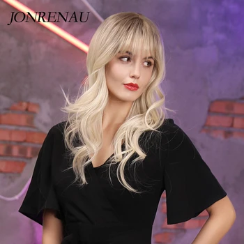 JONRENAU 24 inches 9 Colors Long Brown Root Ombre Blonde Wig Synthetic Natural Wave Wigs with Bangs for Black/White Women 3