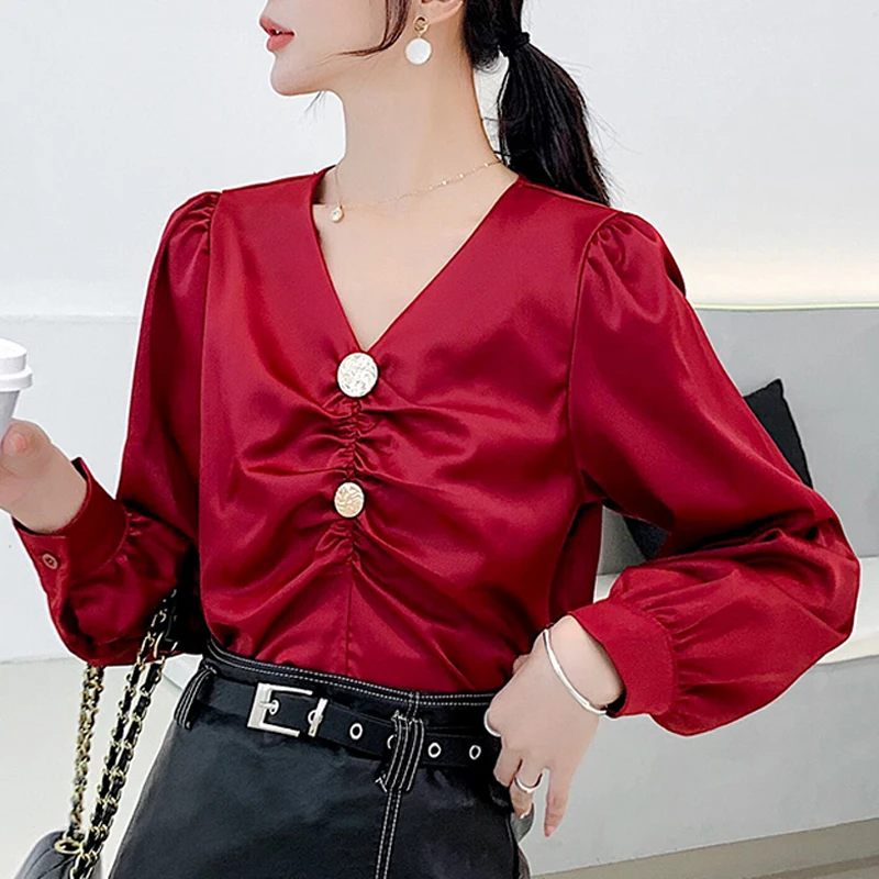 

Korean Tops V-collar Chiffon Shirt Retro Long Sleeve Blouse Shirts Autumn 2019 Fashion Fold Silk Surface Casual Women Tops 910F7