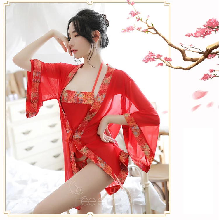 New red perspective bride kimono bathrobe mesh girth T pants+ nightgown nightdress set 3 piece set