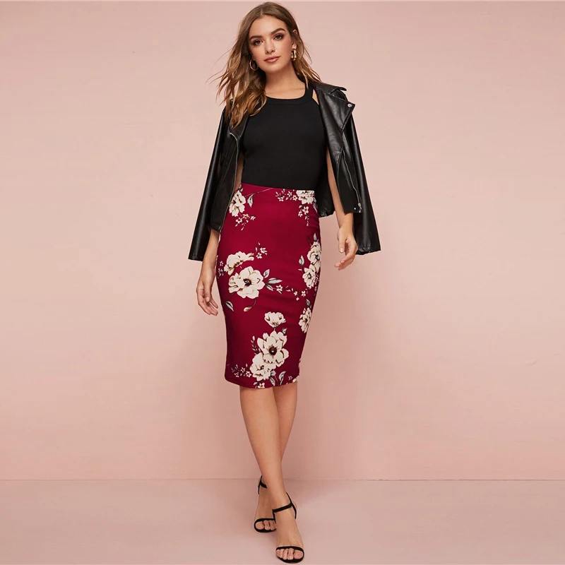 SHEIN черная юбка-карандаш с эластичной талией и цветочным принтом для женщин, Офисная Женская Осенняя приталенная юбка с высокой талией, элегантные миди-юбки