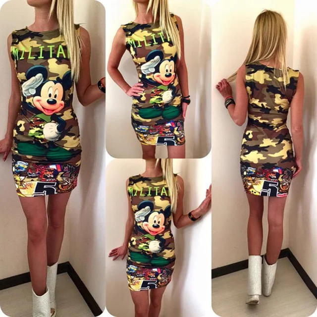 Disney Mickey Minnie Mouse Dress Women Fashion Print O-Neck Sleeveless Summer Mini Dresses Bodycon Slim Casual Pencil Vestidos 4