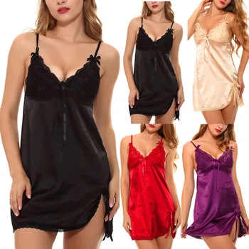 

New Women Lace Sexy Lingerie Nightdress Exquisite V-neck Bowknot Sleeveless Backless Skirt Lace Soft Lady Underwear Nightwear