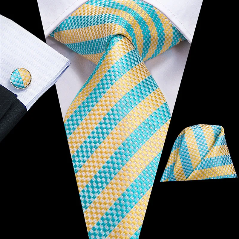 

Blue Tie for Men Srtipe Silk Ties Green Wedding Necktie Set Handkerchief Cufflinks Designer Tie for Business Party Hi-Tie 8.5cm