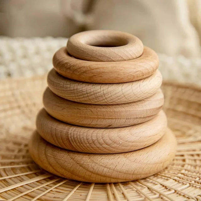 New 5Pc 40/55/60/65mm Beech Wooden Baby Teething Rings Wooden Custom Name Baby Teethers Accessories For Baby DIY Bracelet Making 2