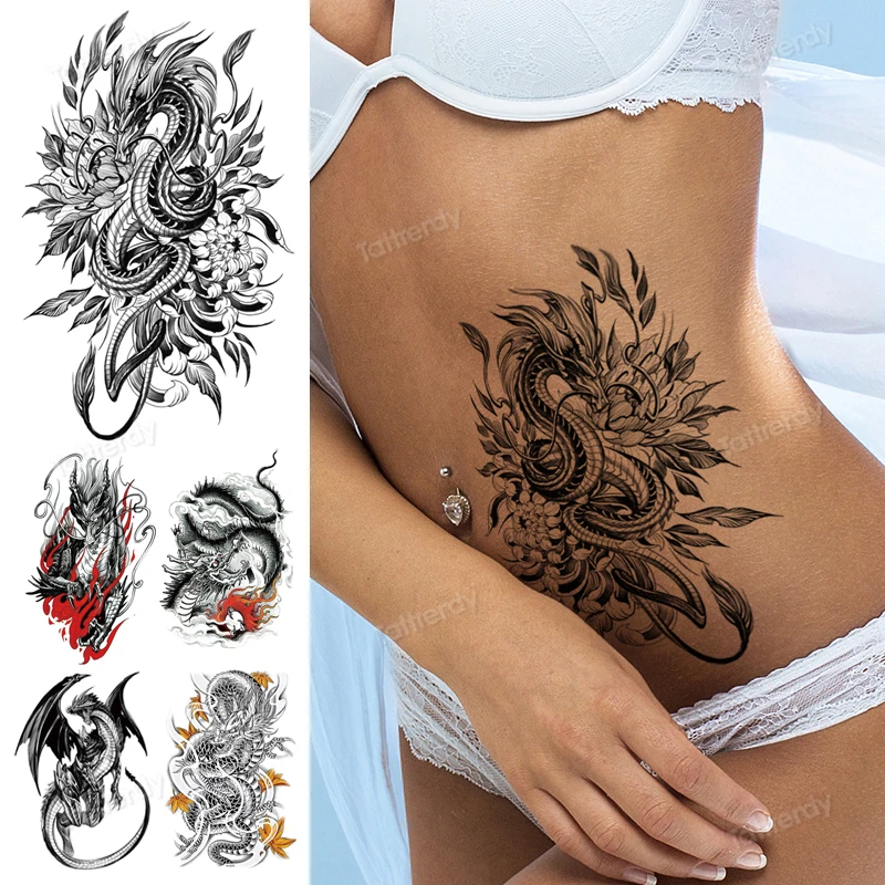 Body Tattoo Sticker Women Waist Leg Arm Sleeve Tattoo Temporary Black Snake Dragon Anime Sexy Tattoo For Women Men Tattoos Big Temporary Tattoos Aliexpress