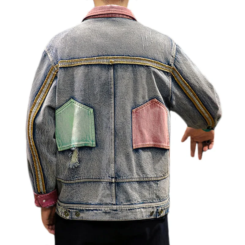 Мужская джинсовая куртка в стиле ретро в стиле пэчворк, рваные, с карманами спереди и сзади, джинсовая куртка с отложным воротником, винтажная Мужская Дизайнерская джинсовая куртка