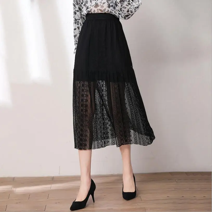 

Lace fairy skirt 2020 spring new Korean perspective mesh black skirt sweet fashion Elegant Party skirt