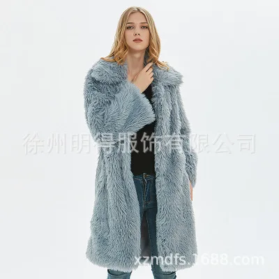 Light blue Элегантное длинное пальто из искусственного меха для женщин осень зима теплая мягкая меховая куртка женская плюшевая верхняя одежда свободного кроя - Цвет: Light blue