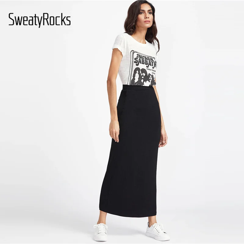 

SweatyRocks Black Elastic Waist Longline Jersey Skirt Streetwear Skinny Maxi Skirts 2019 Women Solid Casual Straight Skirts