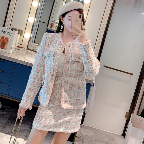 New Autumn Winter Women Sexy Tweed Suits Fashion Plaid Jacket Coat+ 2 Piece Sets Female Woolen Elegant Skirts Sets Women's Set