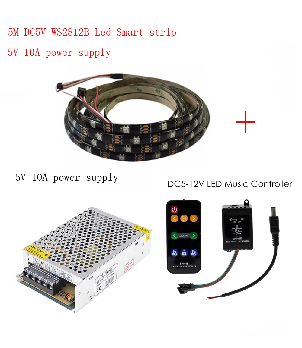 

5m DC5V WS2812B Led Strip 30 pixels/leds/m WS2812 IC Smart 5050 RGB led Strip light+5V LED Power Supply + LED Controller