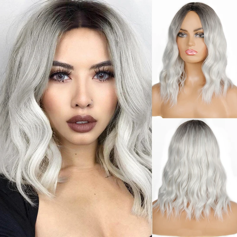 LINGHANG-pelucas de fibra sintética para mujeres negras, pelo ondulado corto, Rubio, degradado, marrón, resistente al calor, Cosplay de boda, diario