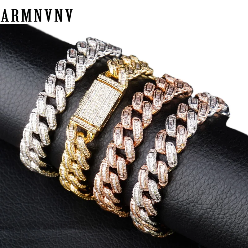 14 мм, мужской браслет из розового золота, серебра, циркония, браслеты, медные, тяжёлые, кубинские, звенья цепи, браслеты в стиле хип-хоп, панк украшения для мужчин