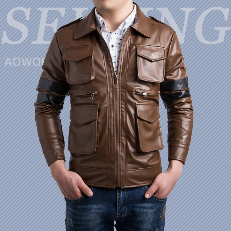 

Куртка мужская Байкерская из экокожи, винтажная приталенная, Бомбер на молнии, Повседневная ветровка, коричневая верхняя одежда в стиле панк