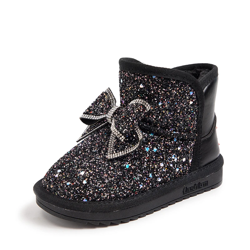 

2021 Winter Girl's Shoes Boots Slip-On Solid Butterfly-knot Round Toe Fashion Sweet Low Heels Flat Sequined Cloth Warm Boots