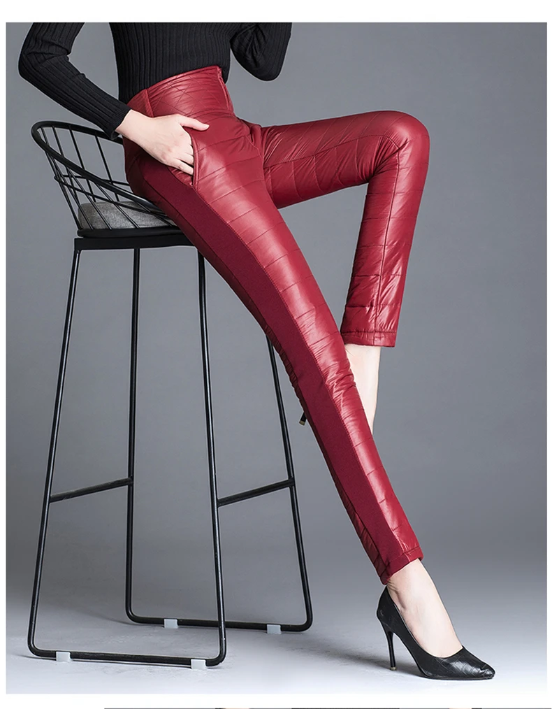 Эластичные с высокой талией двухсторонние пуховые хлопковые брюки лыжные брюки размера плюс 6XL ветрозащитные зимние теплые повседневные брюки-карандаш для сноуборда - Цвет: Wine red