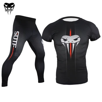 

New Men Boxing Jersey & Pants KickBoxing Compression Set Snake MMA Rashguard Tight T-Shirt Running Trousers Muay Thai Fightwear